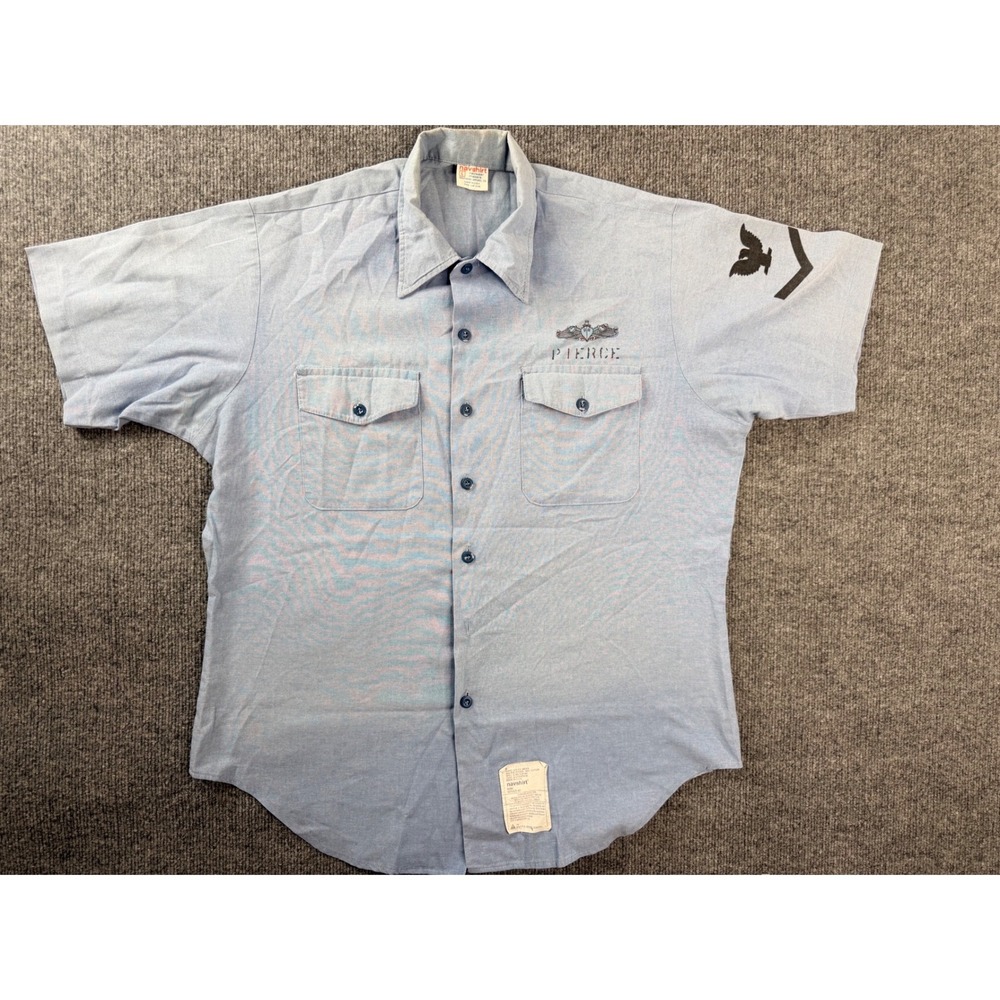 Vintage 90s Navshirt US Navy Utility Shirt Mens L Blue Short Sleeve Workwear USA